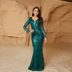 Long Sleeves Elegant Sequined Evening Dress