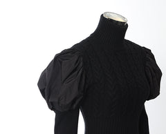 Black Short Turtleneck Puff Sleeve Sweater Top