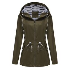 Women Hooded Striped Raincoat Mid Length Trench Coat