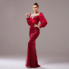 Long Sleeve Round Neck Rhinestone Sequined Evening Dress