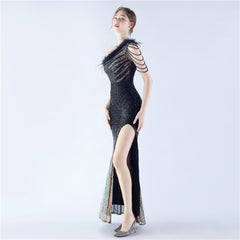 Elegant Gradient Sequin Beaded Feather Evening Dress