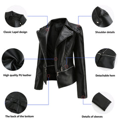 Women Detachable Hem Casual Faux Leather Jacket