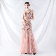 Elegant Sequin V-Neck Mesh Camisole Evening Dress