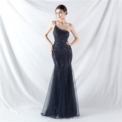 Elegant One Shoulder Beaded Floral Sequin Mesh Evening Dress