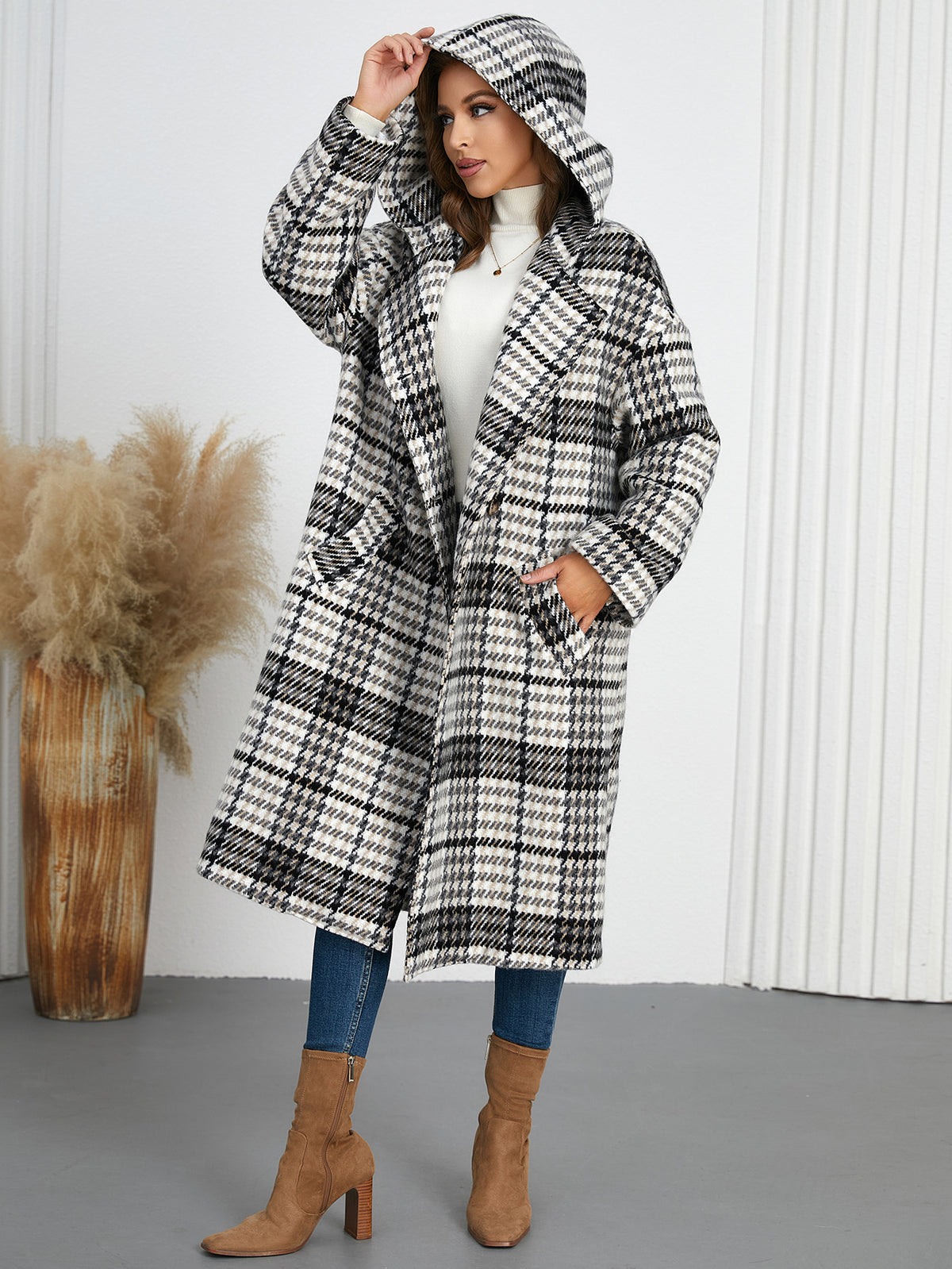 Winter Women Polo Collar Hooded Plaid Long Coat