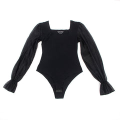 Sexy Mesh Stitching Long Sleeve Square Collar Bodysuit