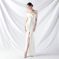 Elegant Ostrich Feather Satin Long Evening Dress