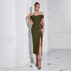 Off Shoulder Side Slit Midi Bandage Formal Dress