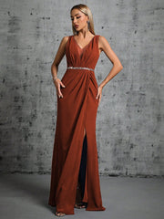 Elegant Brown Slim Fit V Neck Split Formal Dress