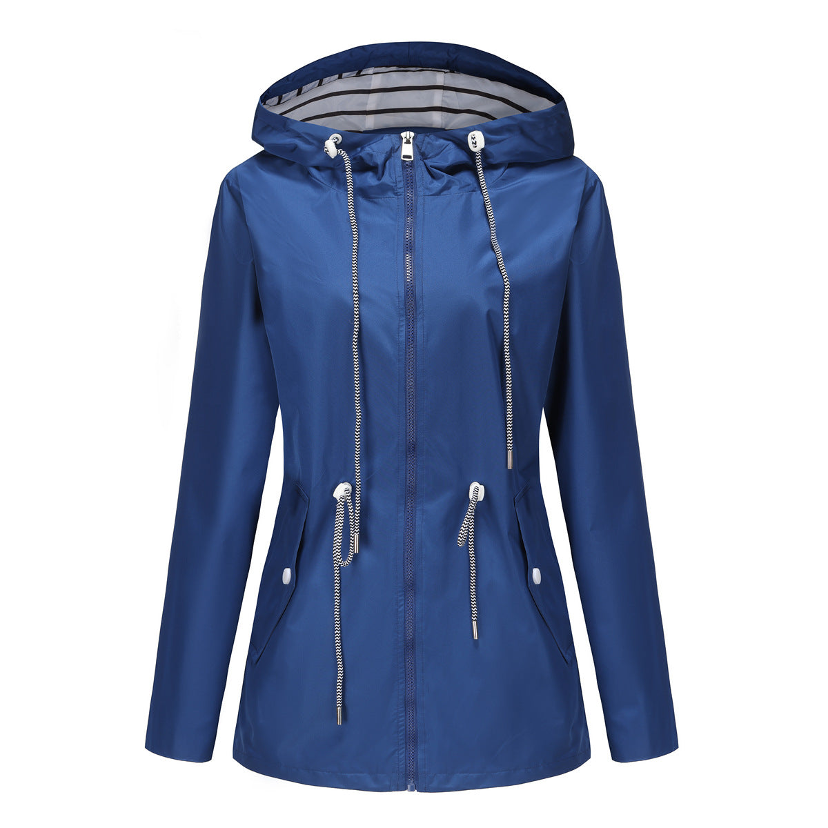 Women Hooded Striped Raincoat Mid Length Trench Coat