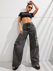 Women High Waist Large Pocket Denim Jeans