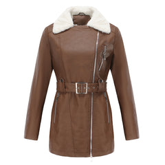 Long Sleeved Fleece Leather Double Headed Zipper Coat With Belt