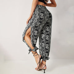 Loose Elegant Printed Hem Slit Trousers