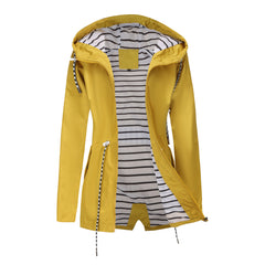 Women Hooded Striped Raincoat Mid Length Trench Coat