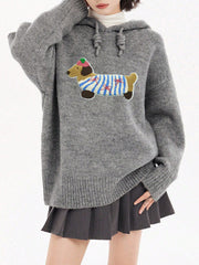 Sausage Dog Towel Embroidery Hooded Pullover Sweater