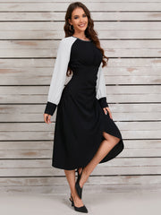 Retro Contrast Color Asymmetric Long Sleeves Dress