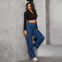 Women Washed High Waist Straight Multi Bag Jeans