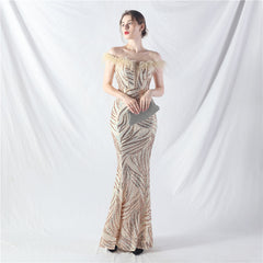 Elegant Boning Corset Ostrich Feather Sequined Evening Dress