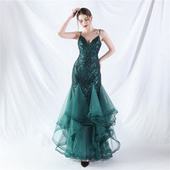 Elegant Mesh Floral Sequin V-Neck Evening Dress