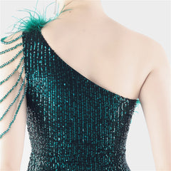 Elegant Gradient Sequin Beaded Feather Evening Dress