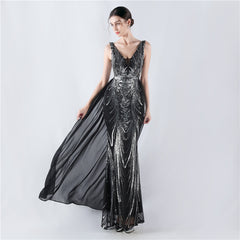 Women Floral Sequin with Cloak Craft Beaded Evening Dress