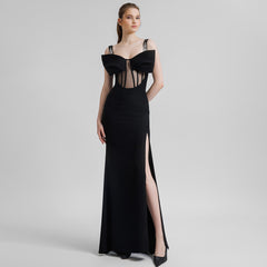 Black Rhinestone Strappy Bow Semi Transparent Formal Dress