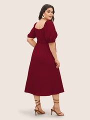 Plus Size Red French Retro Square Collar Puff Sleeve Dress