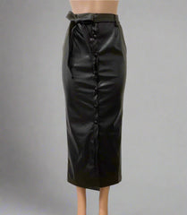 Women Black Faux Leather Slit Slim Skirt