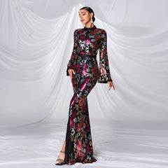 Long Sleeved Sequined Fishtail Evening Dress