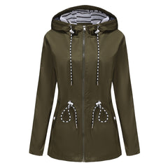 Women Hooded Striped Raincoat Mid Length Trench Coat