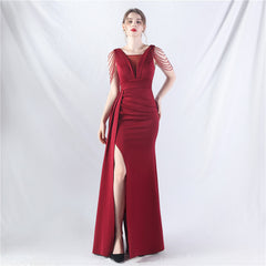 Elegant Satin Folding Beaded Evening Dress