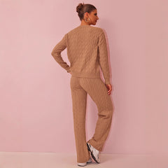 Women round Neck Cable Knit Sweater Knitwear Two Piece Sets