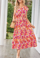 Summer Printed One Shoulder Ruffles Sleeveless Vacation Dress