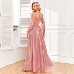 Elegant Long Sleeve Backless Shiny Tulle Pleated Evening Dress