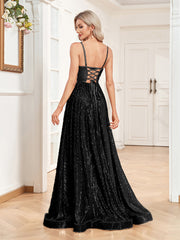 Sexy Backless Deep V Plunge Neck Sequined Evening Dress