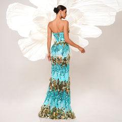 Elegant Bandeau Sequin Fishtail Evening Dress