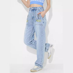 Straight Embroidered Loose High Waist Denim Jeans