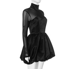 Elegant Charming Black Satin Turtleneck Transparent Sleeve Mini Dress