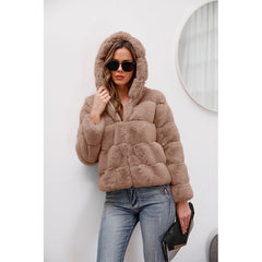 Short Solid Color Loose Hooded Faux Fur Coat