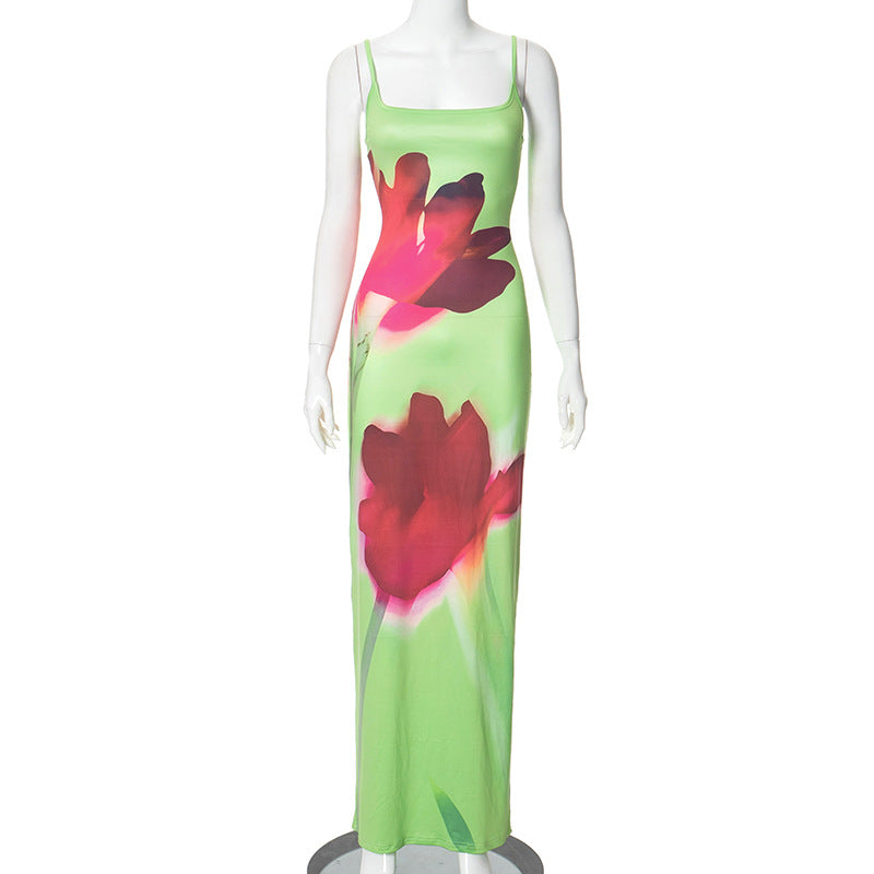 Summer Fresh Casual Strap Floral Print Maxi Dress