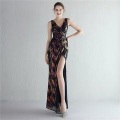 Elegant V-Neck Split Long Sequined Evening Dress