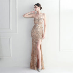 Elegant Velvet Bottom Sequin Halter Evening Dress