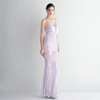 REVCHIC LUXE Elegant V-Neck Feather Sequin Maxi Gown