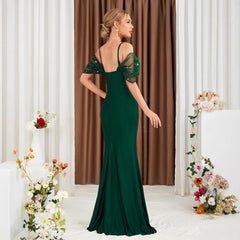 Off Shoulder Sequin Slit Slim Fit Straps Evening Dress