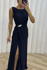 Women Pleated Split Sleeveless Evening Dress