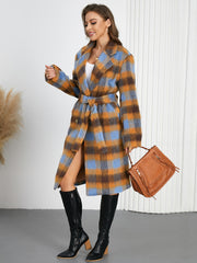 Women Double Breasted Color Contrast Check Woolen Coat