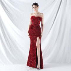 Elegant Boning Ostrich Plush Bottom Sequin Evening Dress