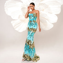 Elegant Bandeau Sequin Fishtail Evening Dress