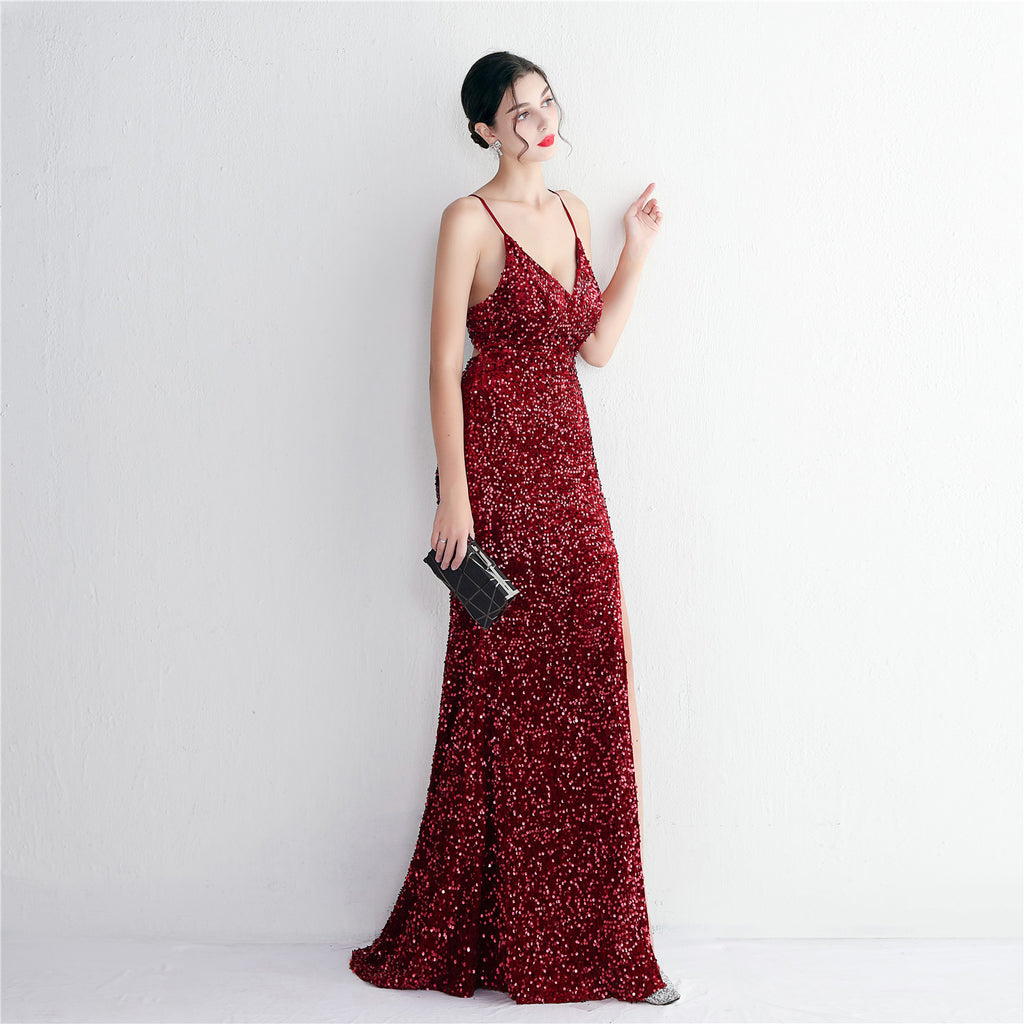 REVCHIC LUXE Elegant Velvet Sequin Sleeveless Maxi Gown