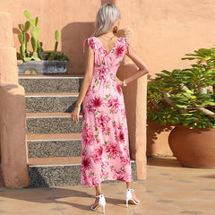 Floral Print V Neck Bohemian Smocked Vacation Dress